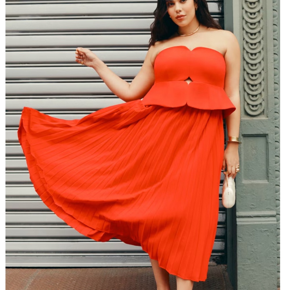 NWT Eloquii Strapless Red Pleated Peplum Midi Dress